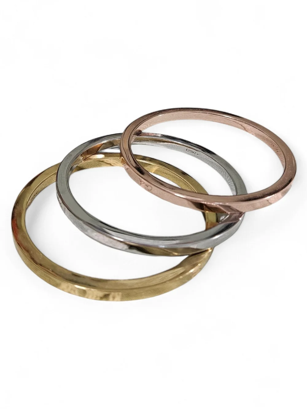 Coach Tri-Tone Metal Stackable Bangle Bracelet Set - Gold, Rose Gold, Silver - Picture 4 of 5